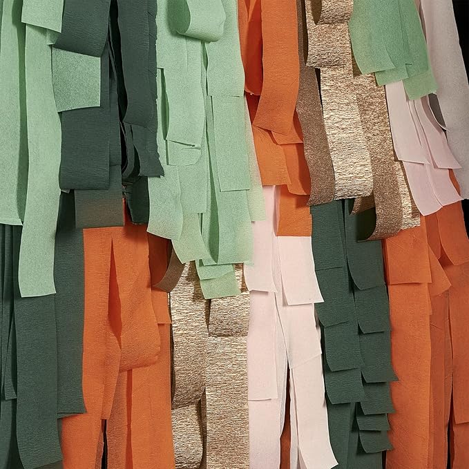 PartyWoo Green and Orange Crepe Paper Streamers 6pcs 492ft Pack of Sage Dark Green Burnt Orange Sand White Crepe Paper Streamers for Birthday Baby Shower Woodland Dinosaur Jungle Party Decorations