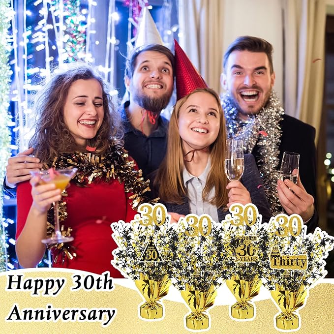 Tatuo 4 Pcs Metallic Foil Spray Centerpiece Happy 30th 40th 50th 60th Years Centerpiece Table Decorations for Black and Gold Birthday Anniversary Wedding Party Table Decor(30th Birthday)