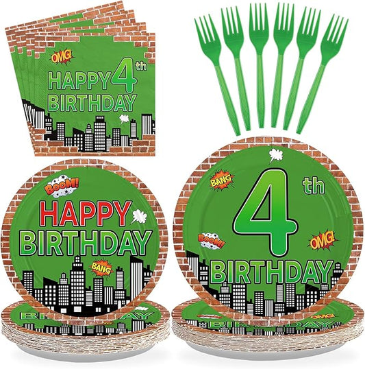Grencian 96Pcs Turtle 4th Birthday Decorations 4th Birthday Plates for Boys Comic Hero Plates and Napkins Green Comics Tortoise Party Supplies for Kids 4 Years Old Cartoon Turtle Theme Party Serves 24