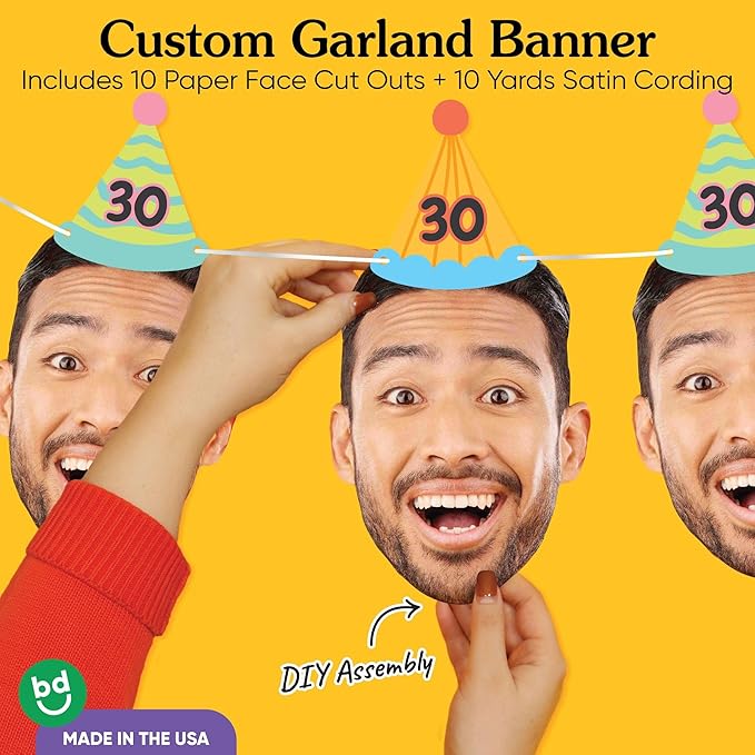 Big Dot of Happiness Custom Colorful Birthday Face Cut Out Garland Banner, Personalized Birthday Age Decor, Custom Party Time Face Banner, 30 Feet of Cord, 10 Face Cut Outs