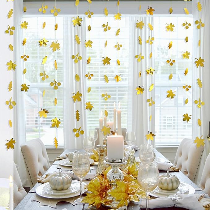 52Ft Fall Party Decorations Gold Fall Maple Leaf Paper Garlands Streamer Autumn Leaves Paper Banners for Birthday Wedding Bridal Baby Shower Engagement Bachelorette Thanksgiving Harvest Party Supplies