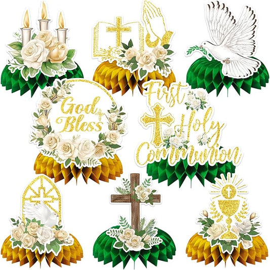 JULMELON 8PCS First Communion Decorations Baptism Honeycomb Centerpieces, God Bless First Holy Communion Table Decorations Baptism Centerpieces for Tables 1st Communion Party Supplies
