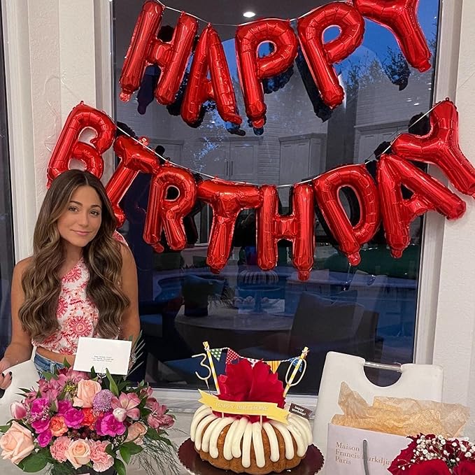 Red Happy Birthday Balloon Banner, 16 Inch Foil Mylar Happy Birthday Balloons Letters, Reusable Happy Birthday Sign, Red Birthday Decorations for Women, Boys and Girls