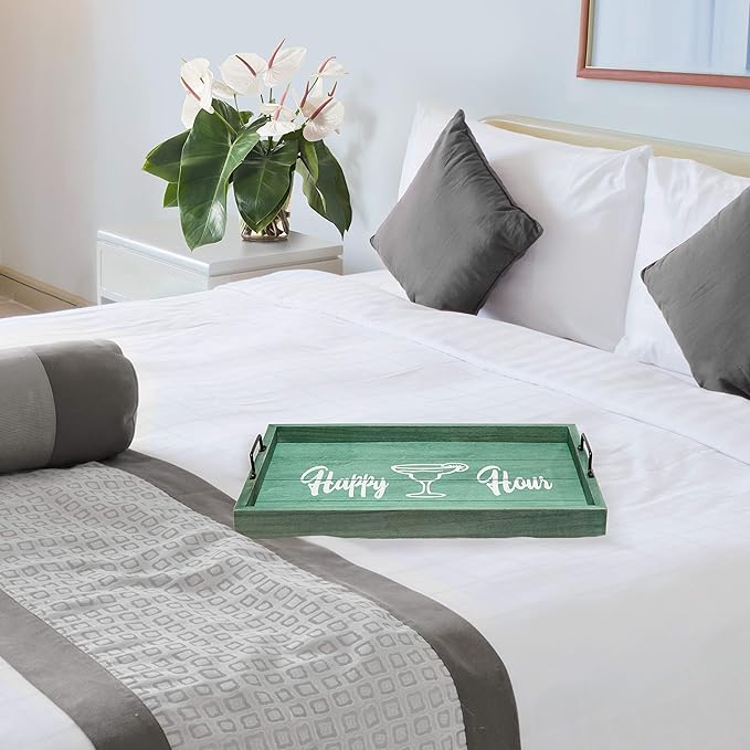 Elegant Designs HG2000-AHH Margarita Drinks Lime Bar Kitchen Wetbar Decorative Wood Serving Tray w/Handles, 15.50” x 12”, Aqua Wash Happy Hour