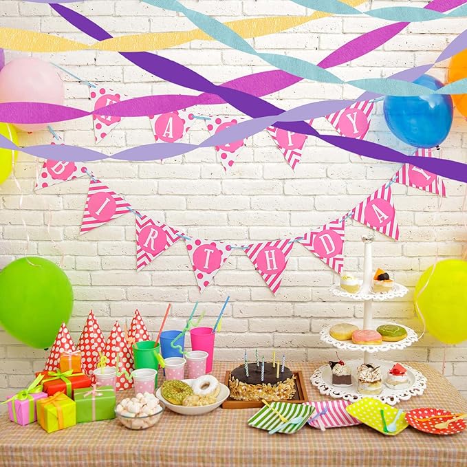 Purple Pink Blue Crepe Paper Streamers, Rainbow Birthday Party Decorations - Hot Pink Purple Teal Blue Yellow Streamers(5 Rolls) for Magic Demon Hunters Dollhouse Kitties Unicorn Colorful Party