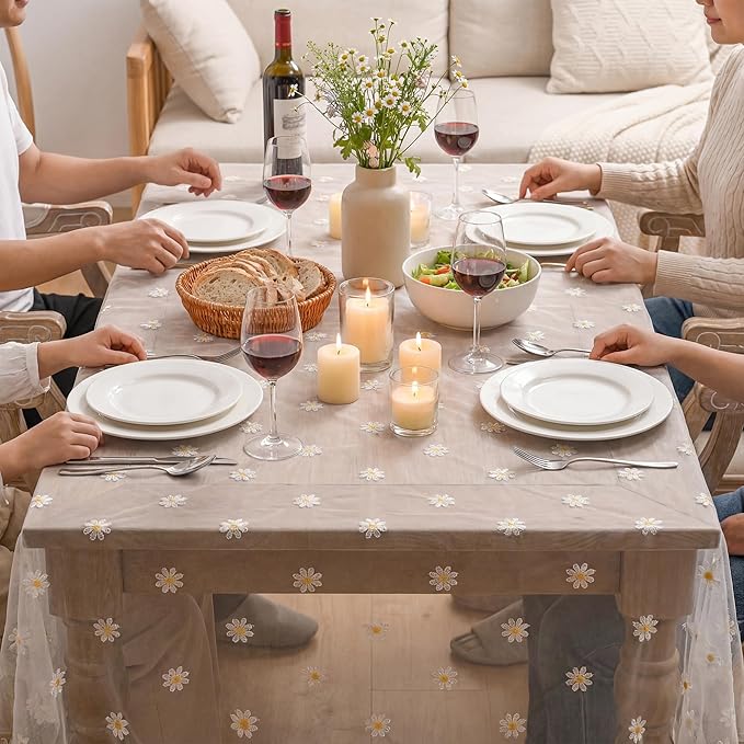 Horaldaily White Embroidery Daisy Spring Summer Gauze Tablecloth 60×84 Inch Rectangular, Seasonal Tulle Table Cover, Garden Party Decorations for Wedding, Party, Holiday Dining