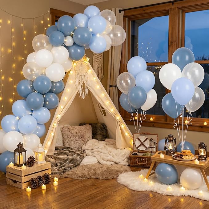 RUBFAC Dusty Blue and White Balloons, Party Balloons for Birthday Baby Blue Clear Balloon 12 Inch, Wedding Baby Shower Gender Reveal Decorations, 65pcs