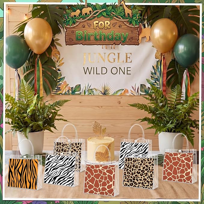Aliceset 20 Pcs Animal Print Goodie Bags with Handles Safari Party Favor Bags for Jungle Theme Wild Animals Zoo Party Bithday Baby Shower Supplies Decor, 8x8x3.15 Inch
