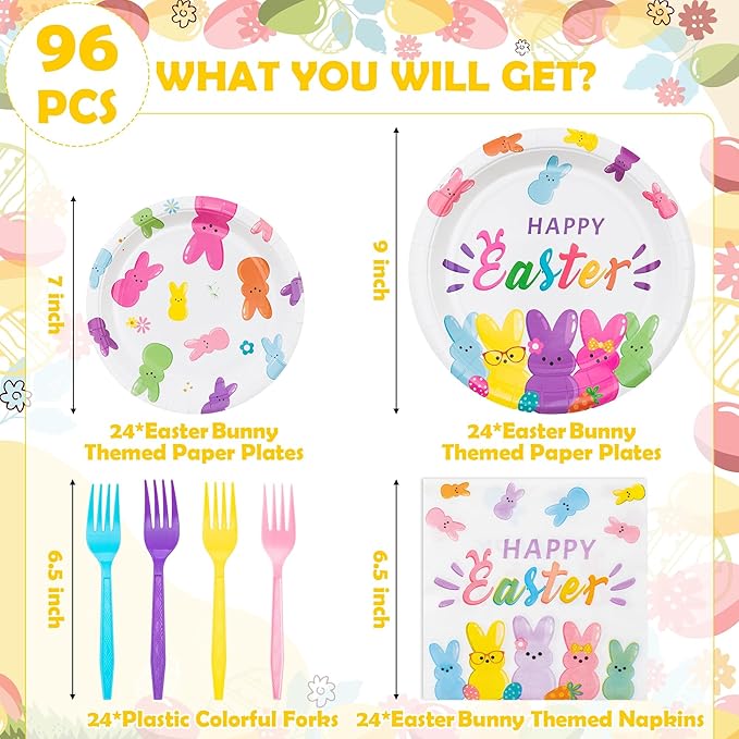 Easter Bunny Happy Easter Rabbits Party Plates Supplies - Serves 24-96Pcs Party Tableware Decorations Disposable Paper Plates Napkins Forks for Spring Birthday Baby Shower
