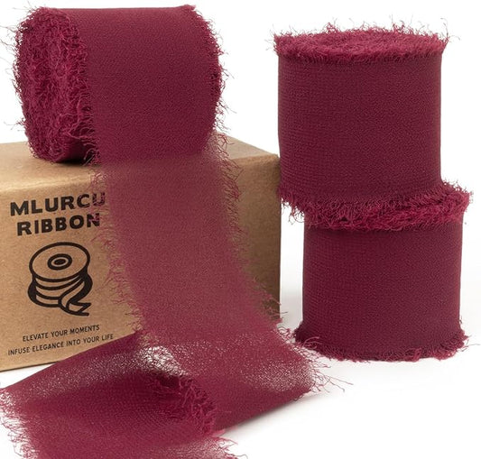Burgundy Chiffon Ribbon - 1-1/2 Inch x 21 Yards Handmade Fringe Silk Ribbon for Boho Wedding, Gift Wrapping & Flower Bouquets