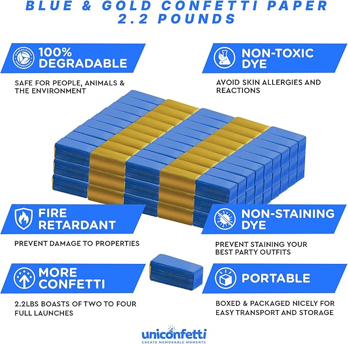 Blue & Gold Bulk Confetti Paper 2.2lbs / 1kg – Biodegradable Tissue Paper Confetti, Non-Staining, Fire-Resistant | Parties, Events, Graduation, Confetti Launcher Machine Refill