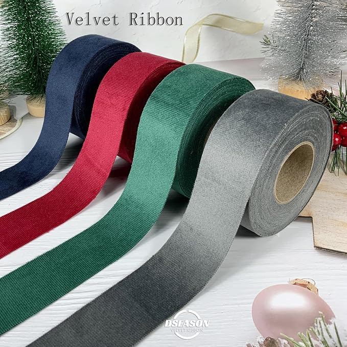 Velvet Ribbon Set 1.5" x 10 Yards, 1 Rolls, Dseason Handmade Dark Grey Velvet Ribbon Set for Gift Wrapping & Bow Making, Christmas Tree, Wreath Decoration, DIY Crafts Decoration