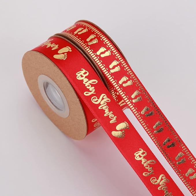 Meseey 20 Yards Baby Ribbon Foot Print Red and Gold Ribbons for Crafts Cake Baby Shower Birthday,Gift Wrapping, Party Decoration (red)