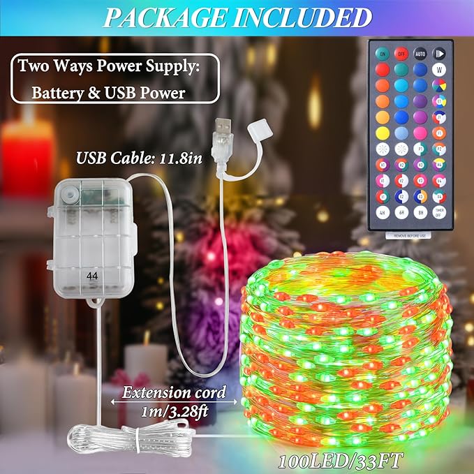 Lovelite Fairy Lights Battery Operated USB Plug in, 34 Colors Changing 33ft 100LED Patriotic String Lights with Remote, Waterproof Twinkle Lights for Bedroom Indoor Outdoor 4th of July Party Decor