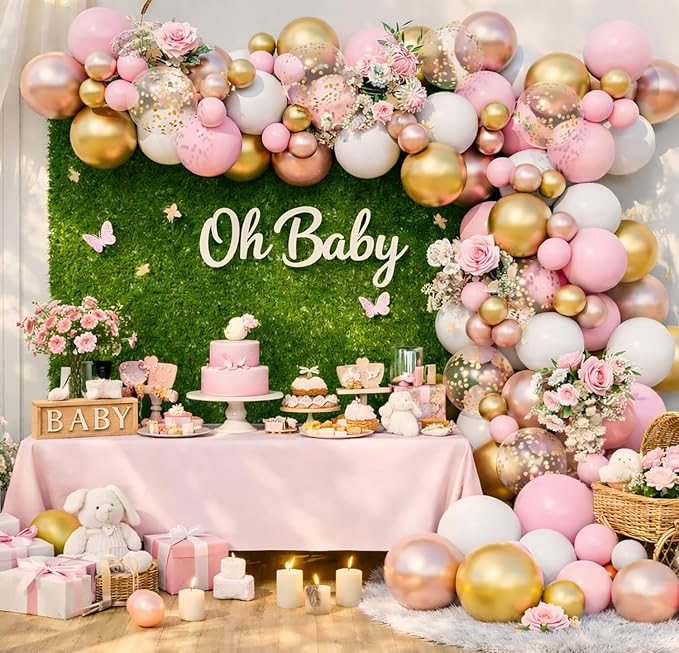 Rose Gold Pink White Balloon Garland Arch 160PCS Confetti Balloons Baby Shower Once Upon a Time Princess Birthday Fairytale Engagement Bridal Shower Party Decoration