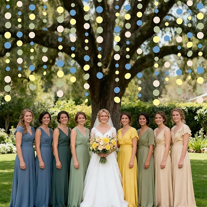 Sage Green Dusty Blue Yellow Beige Polka Dots Garlands Olive Green Macaron Yellow Dusty Blue Sand White Cream Nude Hanging Paper Circle Dots Streamer for Birthday Baby Shower Wedding Party Decorations