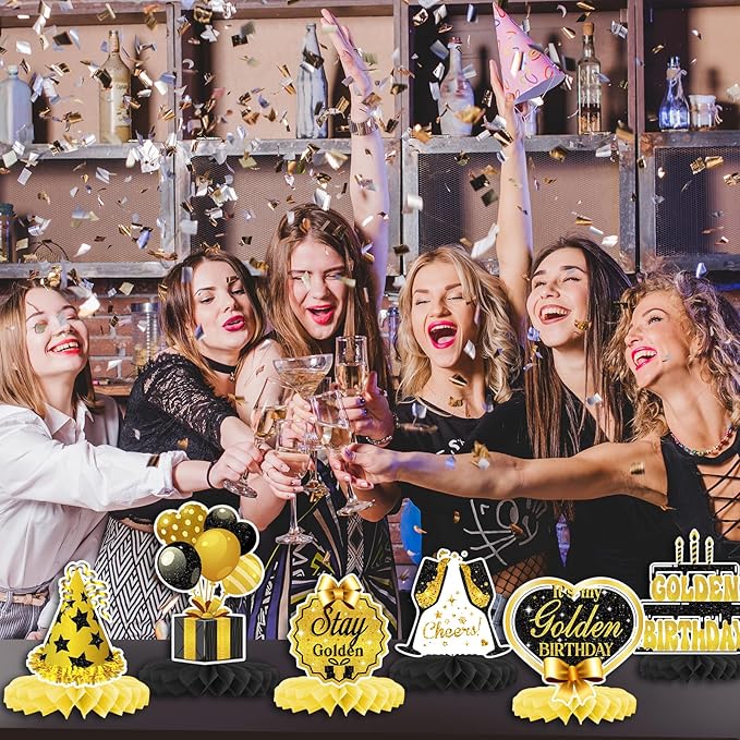 It's My Golden Birthday Honeycomb Centerpieces- Gold Happy Birthday Party Decorations for Teens, Women, Men - Golden Birthday Party Supplies for Girl or Boy, Golden Party Decorations Supplies