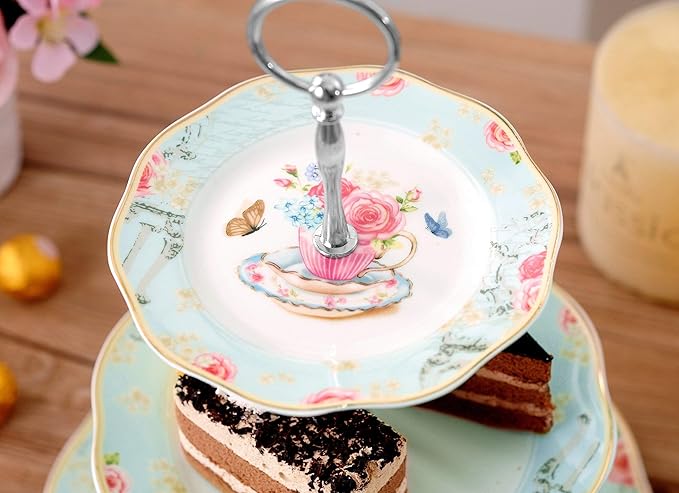 Jusalpha Light Blue 3-tier Ceramic Cake Stand- Cupcake Stand- Tea Party Pastry Serving Platter Comes In a Gift Box- Free Sugar Tong (FD-QD3T)