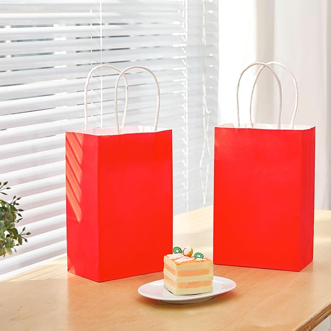 SUNCOLOR 12-Pack Red Gift Bags with Handles, 8 Inch Recyclable Paper Goodie Bags for Birthday Party Favors, Christmas, Valentine's Day, Weddings
