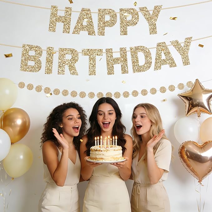 Happy Birthday Banner Pre-Strung Birthday Party Decorations NO DIY Glitter Happy Birthday Sign Circle Dots Garland Birthday Hanging Decorations for Women Men Birthday Party Supplies (Gold)