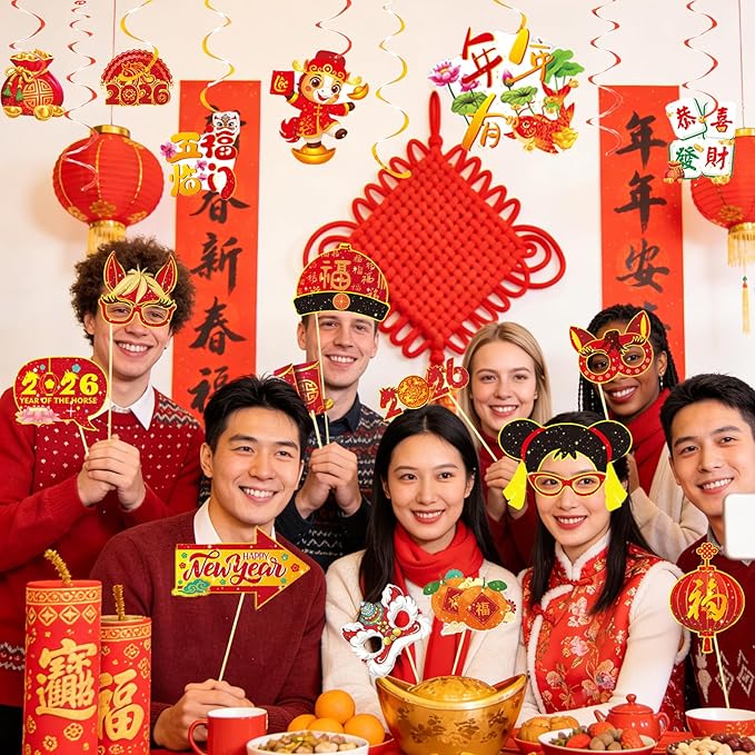 81 Pcs Chinese New Year Red Envelopes Set, Horse-Year Hong Bao Red Packets Party Banners Swirls Selfie Photo Booth Props for Festival Gifts, Chinese Decors Party Favors for Bithday Home Office