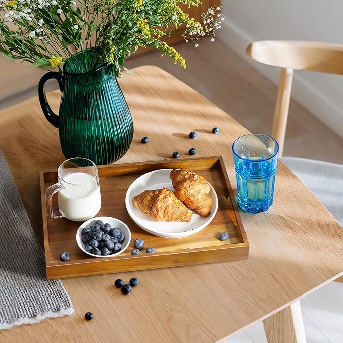 15 Inch Acacia Wood Serving Tray with Handles, Decorative Rectangle Wooden Tray for Ottoman, Breakfast in Bed, Coffee Table, Perfect for Living Room Bedroom Entryway and Kitchen