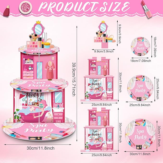 Censen Spa Party Cupcake Stand Party Decorations 3 Tier Spa Cake Stand Holder DIY Spa Makeup Theme Cardboard Dessert Tower for Girls Princess Pink Bridal Baby Shower Birthday Party Supplies