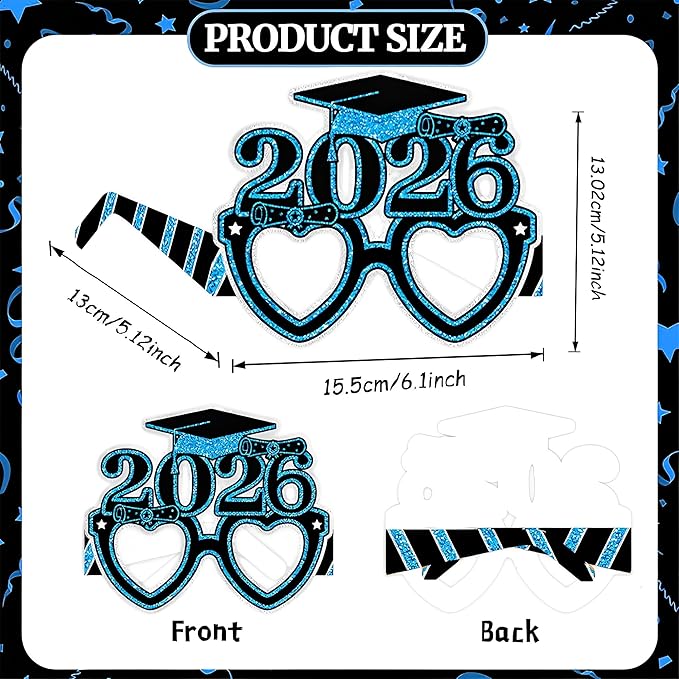 2026 Graduation Party Decorations Glasses, 12 Pcs Class of 2026 Grad Party Eyeglasses Photo Props, Graduation Photo Booth Props for Women Men College Graduation Favors Supplies (Blue)