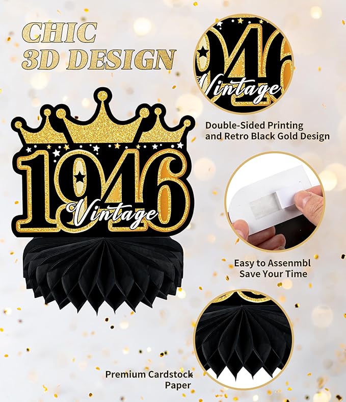 9 Pcs 80th Birthday Decoration for Men Women Happy 80th Birthday Honeycomb Centerpieces 80th Birthday Table Party Decorations Black and Gold Cheers to 80 Years Decor 1946 Birthday Party Favors