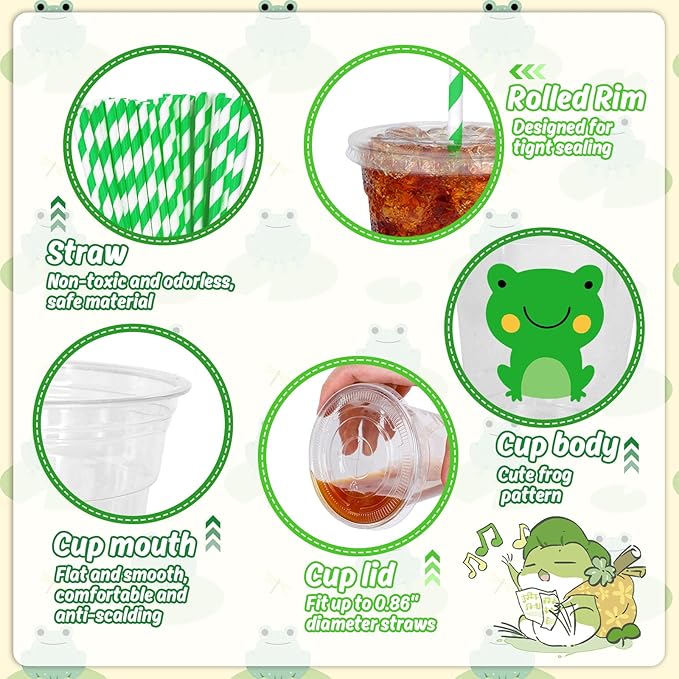 Whaline 50 Pcs Frog Disposable Plastic Cups with Lids and Straws Cute Green Frog Party Cups Cold Beverage Drinking Cups for Baby Shower Birthday Party Supplies