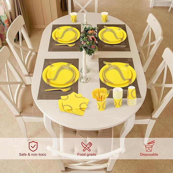 Kochorie 144 Pieces Softball Paper Plates and Napkins Sports Party Tableware Sets Including Disposable Paper Plates Napkins Cups Forks Serves 24 for Birthday Sports Softball Party Decorations