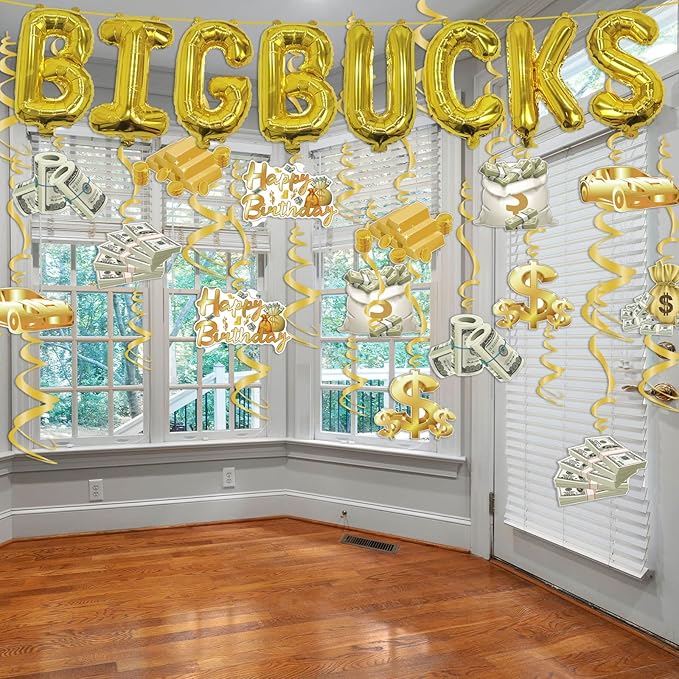 Money Party Decorations Big Bucks Balloons Gold Money Theme Hanging Swirls Dollar Bill Signs Currency Symbol Money Bag Happy Birthday Party Decorations for Adults Buchona Casino Gangster Party 31 pcs