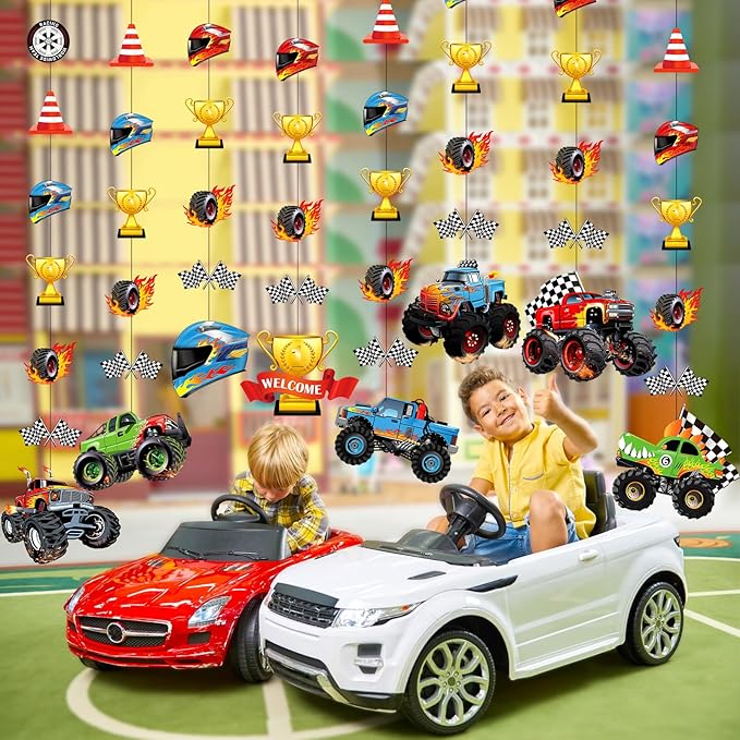 Daifunli 8 Pcs Truck Party Decorations Monster Truck Hanging Garlands Streamer Cutouts Race Car Theme Birthday Banner Backdrop for Boy Car Baby Shower Party Supplies Home Wall Ceiling Decor