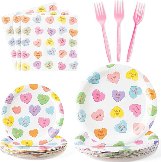 Conversation Heart Valentine's Day Candy Party Plates Supplies - Serves 24 - 96Pcs Party Tableware Decoration Disposable Paper Plates Napkins Forks for Valentine Birthday Wedding