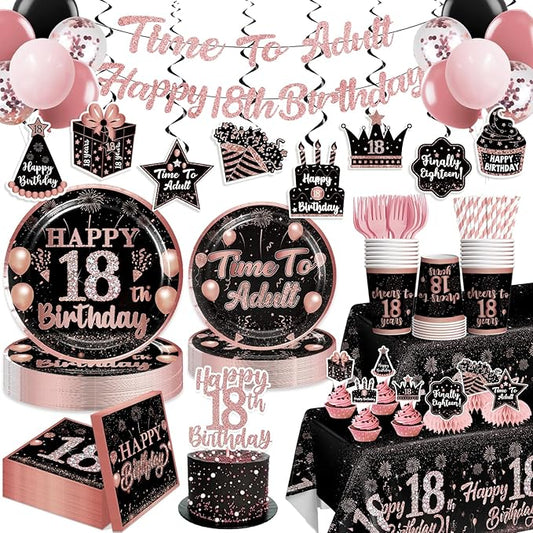 181PCS 18th Birthday Decorations for Girls Tableware Set, Rose Gold 18th Birthday Plates and Napkins Pre-strung Banner Time to Adult Party Decorations for 25 Guests