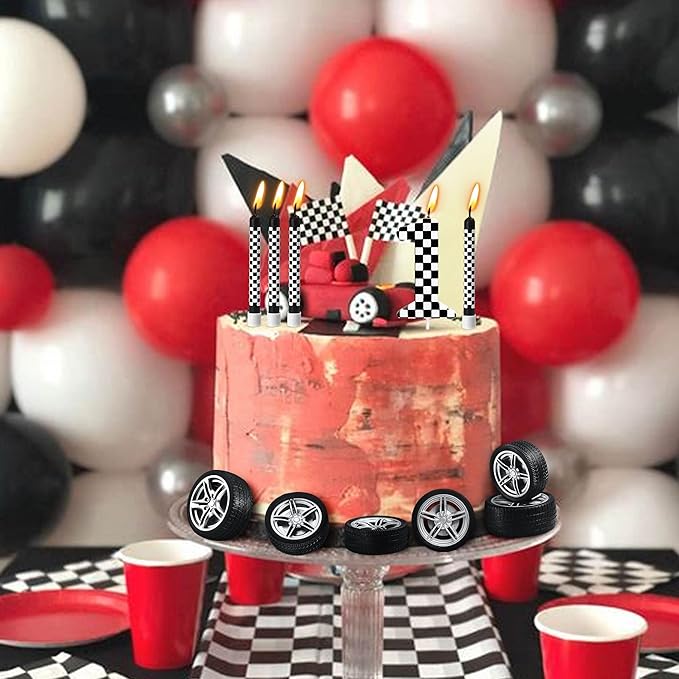 13 Pcs Racing Cars Themed Birthday Candles, Black and White Checkered Birthday Cake Candles, Numeral 1 Candle Wheel Tire for Racing Car Party Decoration Theme Party Supplies (Number 1)
