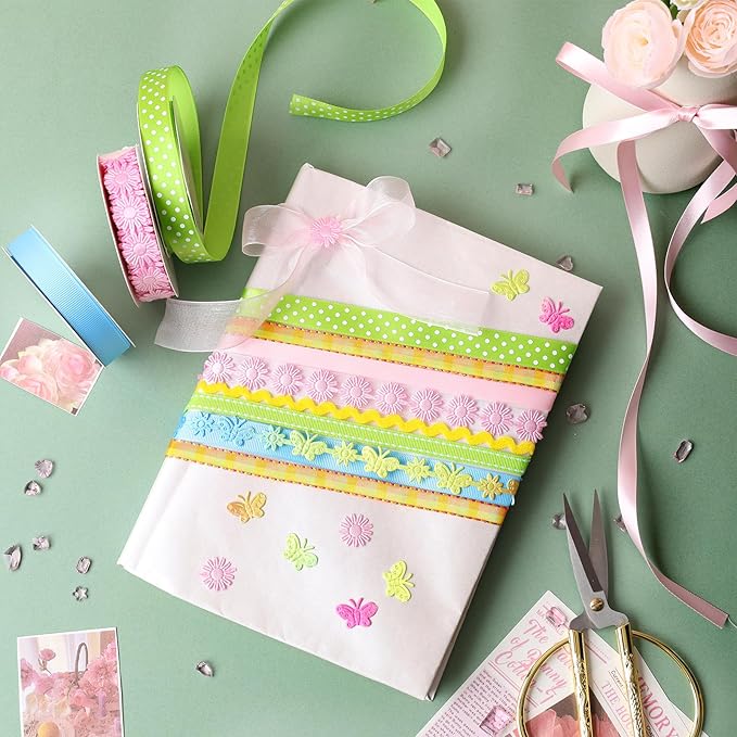 LaRibbons Spring Ribbon Set, Pastel Easter Craft Ribbons with Floral, Polka Dot & Gingham, Ideal for Gift Wrapping, Hair Bows, Spring Decor, DIY Crafts 46 Yards