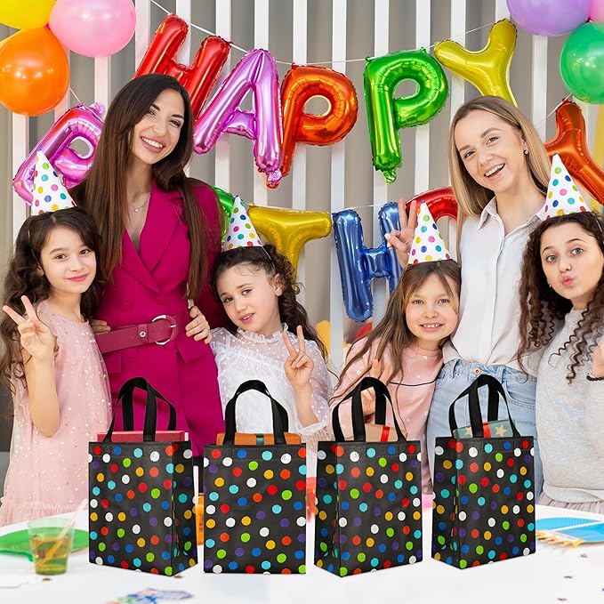BLEWINDZ 16Pcs Reusable Gift Bags with Tissues - Black Medium Rainbow Polka Dot Party Favor Bags for Christmas, Birthday, Baby Shower, Grocery Shopping, Wedding