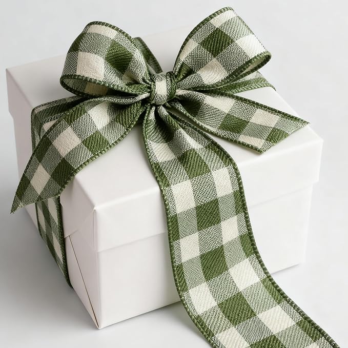 Meseey 10 Yards Sage Green and White Buffalo Plaid Burlap Ribbon 4 Inch Wired Edge Farmhouse Decor Tartan Check Pattern Ribbon for Big Bow,Fall Wreath,Gift Wrapping,Crafts(Sage Green)