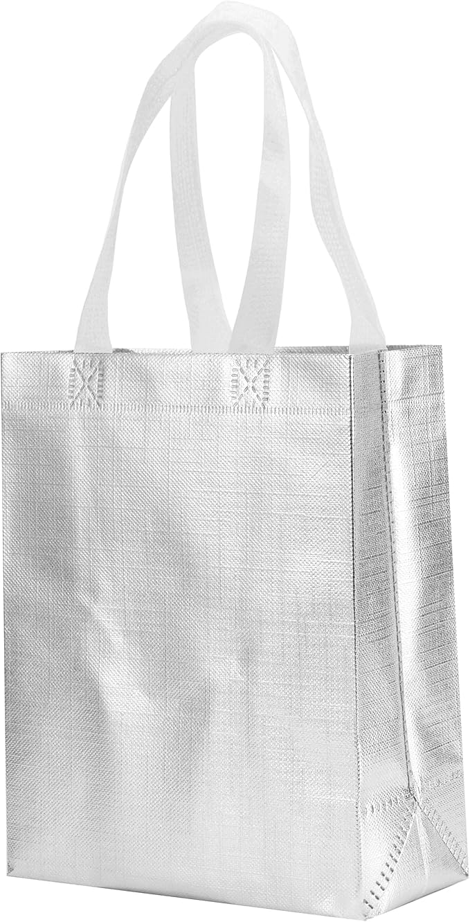 Tendwarm 12 Pcs 8x4x10 Inches Reusable Silver Gift Bag Favor Bags for Party Wedding Christmas Medium Size
