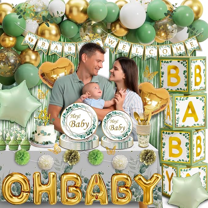 Sage Green Neutral Baby Shower All In One Set - 4 Balloon Boxes, 12 Tableware Sets with Disposable Plates, "OH BABY" Balloons, Tablecloth & Cake Toppers