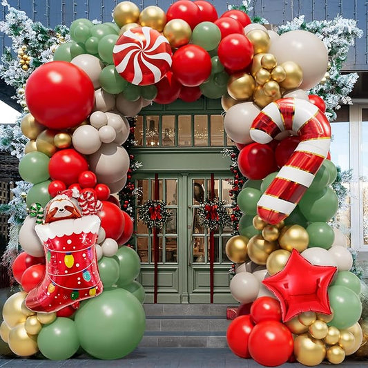Christmas Balloon Arch Garland Kit 159pcs Red Sage Green Gold Balloons With Candy Cane Swirl Christmas Stocking Foil Balloons Friendsmas Santa Ugly Sweater Party Decorations