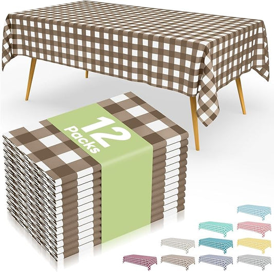 Smiry 12 Packs Gingham Disposable Table Cloth, 54 x 108 Inch Waterproof Plastic Tablecloth, Rectangle Brown and White Checkered Table Covers for Picnic, Birthday, Party