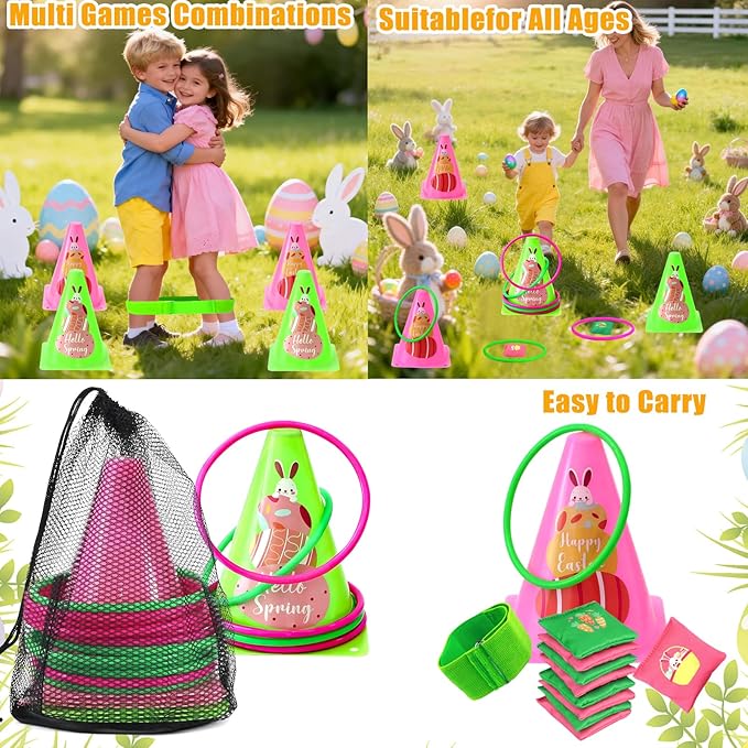 4 in 1 Easter Outdoor Games for Kids and Family, Easter Party Game with Ring Toss, Plastic Cones, Bean Bags, 3-Legged Race Bands, Carnival Spring Games Activities Combo Set for Adult Yard Classroom