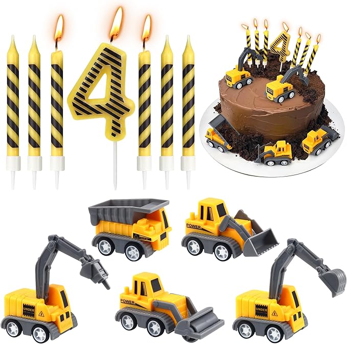 Number 4 Construction Birthday Candles, 12 Pcs Construction Cake Toppers Set, Digger Cake Topper for Birthday Anniversary Party Cake Decorations