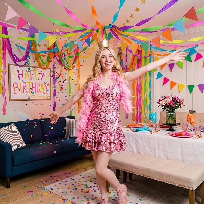 Frienda 14 Pcs Rainbow Party Decorations Set 492 ft Colorful Crepe Paper Streamers, 52.8ft Gold Star Garlands Backdrop and 4 Pennant Banner Flags for Wedding Birthday Fancy Party Hanging Decorations