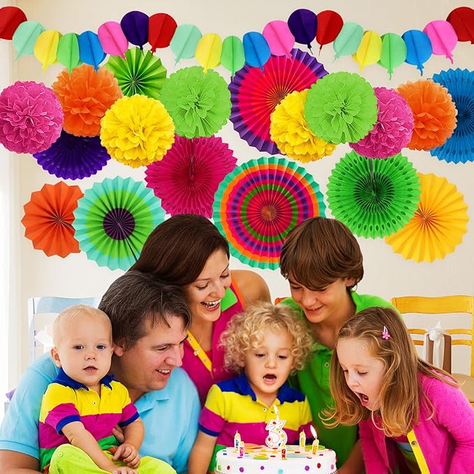 Fiesta Party Decorations, Multicolored Paper Pompoms Fan Garlands for Mexican Party Cinco De Mayo Luau Event Birthday Holi Decorations Colorful Rainbow Party Supplies