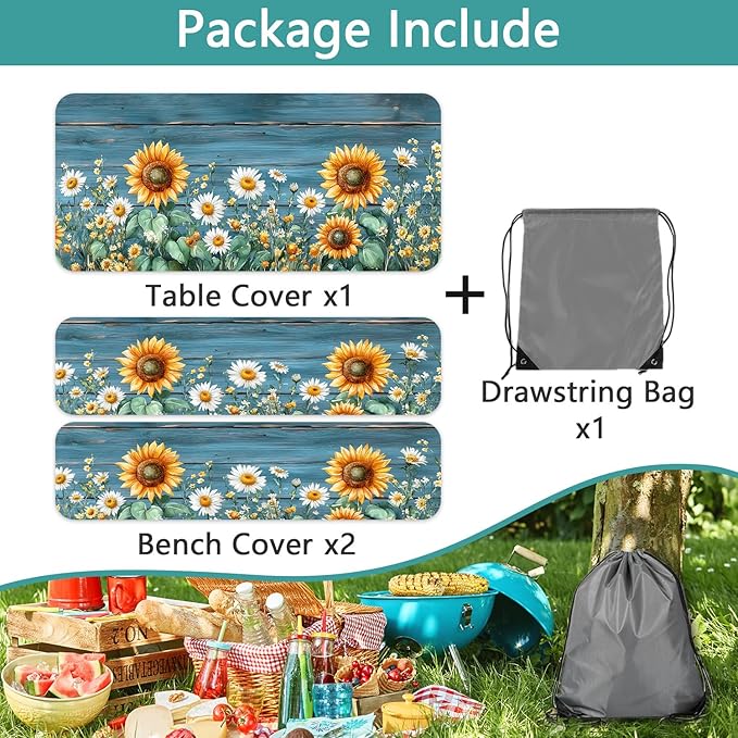 Picnic Table Cover with Bench Covers, Waterproof Elastic Fitted Tablecloths for 6 Foot Rectangle Tables, Outdoor Washable Sunflower Wooden Tablecloth for Camping 30X96in