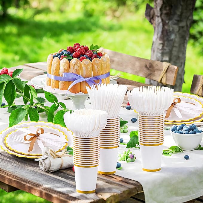 Ziliny 350 Pcs White Plates and Napkins Party Supplies for 50 Guests Wedding Disposable Tableware Include Scalloped Plates Paper Napkin Cup Spoon Fork Knife for Wedding, Birthday