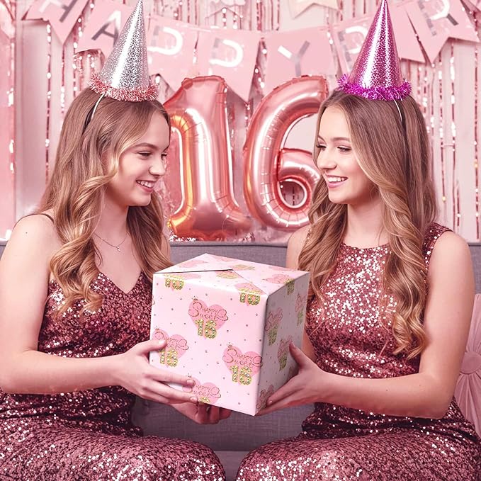 WERNNSAI Sweet 16 Birthday Wrapping Paper - 1 Roll 17”x 33ft Happy Birthday Wrapping Paper Pink Love Heart Gift Wrap for Girls Daughter Granddaughter Friends Sweet Sixteen Gifts Supply